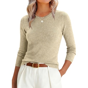 image:imageANRABESS Womens Lightweight Wool Blend Fitted Sweaters  Soft KnitSlimLong Sleeve Crewneck Pullover TopClassic BasicBusiness Casual Work OfficeFall Spring Transition ClothesAlmond