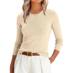 image:imageANRABESS Womens Lightweight Wool Blend Fitted Sweaters  Soft KnitSlimLong Sleeve Crewneck Pullover TopClassic BasicBusiness Casual Work OfficeFall Spring Transition ClothesParchment