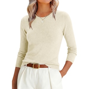 image:imageANRABESS Womens Lightweight Wool Blend Fitted Sweaters  Soft KnitSlimLong Sleeve Crewneck Pullover TopClassic BasicBusiness Casual Work OfficeFall Spring Transition ClothesCream White