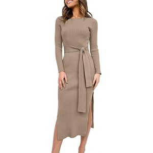 image:imageANRABESS Womens Long Sleeve Sweater Dress Crew Neck Slim Fit Slit Tie Waist 2026 Ribbed Knit Bodycon Midi Dress Fall OutfitsAlmond