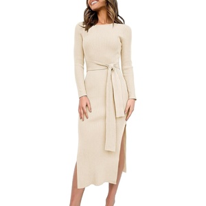 image:imageANRABESS Womens Long Sleeve Sweater Dress Crew Neck Slim Fit Slit Tie Waist 2026 Ribbed Knit Bodycon Midi Dress Fall OutfitsBeige