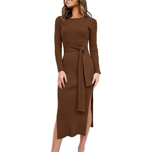 image:imageANRABESS Womens Long Sleeve Sweater Dress Crew Neck Slim Fit Slit Tie Waist 2026 Ribbed Knit Bodycon Midi Dress Fall OutfitsBrown
