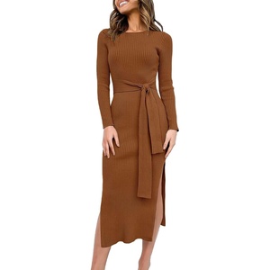 image:imageANRABESS Womens Long Sleeve Sweater Dress Crew Neck Slim Fit Slit Tie Waist 2026 Ribbed Knit Bodycon Midi Dress Fall OutfitsCaramel