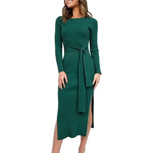 image:imageANRABESS Womens Long Sleeve Sweater Dress Crew Neck Slim Fit Slit Tie Waist 2026 Ribbed Knit Bodycon Midi Dress Fall OutfitsDark Green