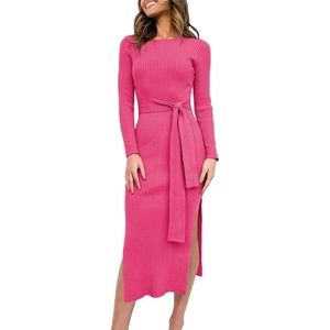 image:imageANRABESS Womens Long Sleeve Sweater Dress Crew Neck Slim Fit Slit Tie Waist 2026 Ribbed Knit Bodycon Midi Dress Fall OutfitsRose