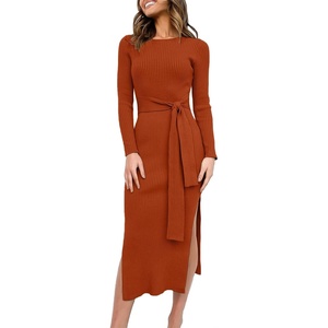 image:imageANRABESS Womens Long Sleeve Sweater Dress Crew Neck Slim Fit Slit Tie Waist 2026 Ribbed Knit Bodycon Midi Dress Fall OutfitsRust