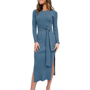 image:imageANRABESS Womens Long Sleeve Sweater Dress Crew Neck Slim Fit Slit Tie Waist 2026 Ribbed Knit Bodycon Midi Dress Fall OutfitsTeal