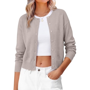 image:imageANRABAESS Womens Cropped Cardigan Sweater Business Casual Outfits  2026 Fall Fashion Clothing Summer Lightweight Soft Knit Long Sleeve Crew Neck Button DownDressy Work Office Outings TravelGrey Khaki