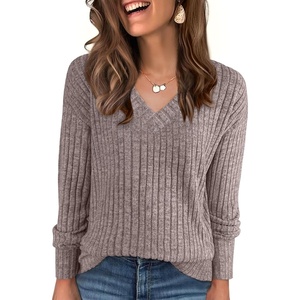 image:imageANRABESS Ribbed V Neck Long Sleeve Shirts for Women  Soft lightweight Sweaters Loose Fit Office Work Casual Daily Wear Tunic 2026 Fall Winter Transition OutfitsCoffee