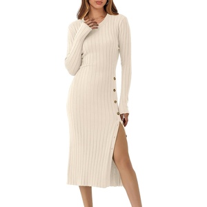 image:imageANRABESS Womens 2026 Fall Long Sleeve Midi Dress Ribbed Knit Bodycon Fitted Button Down Wedding Guest Slit Sweater DressesBeige