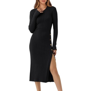 image:imageANRABESS Womens 2026 Fall Long Sleeve Midi Dress Ribbed Knit Bodycon Fitted Button Down Wedding Guest Slit Sweater DressesBlack
