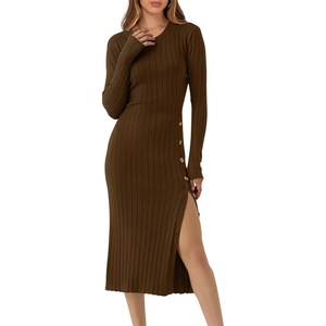 image:imageANRABESS Womens 2026 Fall Long Sleeve Midi Dress Ribbed Knit Bodycon Fitted Button Down Wedding Guest Slit Sweater DressesBrown