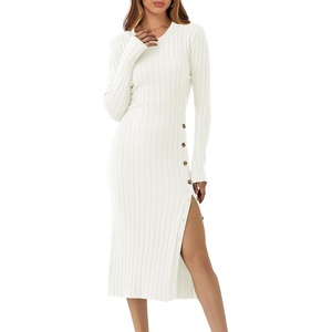 image:imageANRABESS Womens 2026 Fall Long Sleeve Midi Dress Ribbed Knit Bodycon Fitted Button Down Wedding Guest Slit Sweater DressesWhite