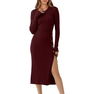 image:imageANRABESS Womens 2026 Fall Long Sleeve Midi Dress Ribbed Knit Bodycon Fitted Button Down Wedding Guest Slit Sweater DressesWine Red