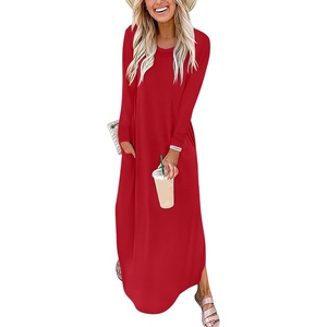 image:imageANRABESS Womens Long Sleeve Maxi Dresses 2026 Fall Outfits Casual Loose Split Travel Vacation T Shirt Dress with PocketsBright Red