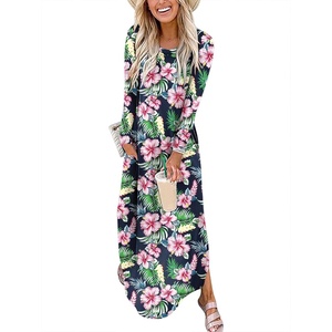 image:imageANRABESS Womens Long Sleeve Maxi Dresses 2026 Fall Outfits Casual Loose Split Travel Vacation T Shirt Dress with PocketsFloral Green Pink