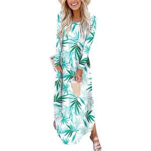 image:imageANRABESS Womens Long Sleeve Maxi Dresses 2026 Fall Outfits Casual Loose Split Travel Vacation T Shirt Dress with PocketsFloral Green White