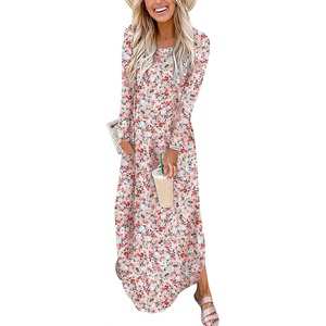 image:imageANRABESS Womens Long Sleeve Maxi Dresses 2026 Fall Outfits Casual Loose Split Travel Vacation T Shirt Dress with PocketsFloral Pink