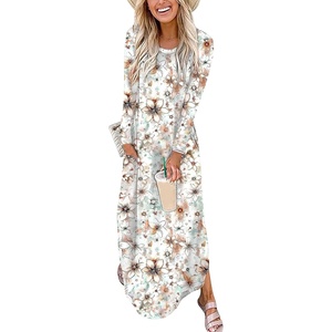 image:imageANRABESS Womens Long Sleeve Maxi Dresses 2026 Fall Outfits Casual Loose Split Travel Vacation T Shirt Dress with PocketsFloral Pink White