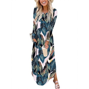 image:imageANRABESS Womens Long Sleeve Maxi Dresses 2026 Fall Outfits Casual Loose Split Travel Vacation T Shirt Dress with PocketsLeaf Printed