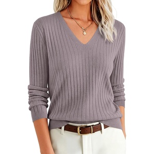 image:imageANRABESS Womens Long Sleeve V Neck Ribbed Sweaters Shirts  Slim Fit Tops Lightweight Soft Knit Pullover Business Casual Outfits Work Office AllDay Wear Fall Winter Layer ClothingNutmeg