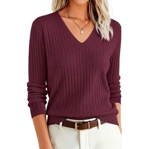 image:imageANRABESS Womens Long Sleeve V Neck Ribbed Sweaters Shirts  Slim Fit Tops Lightweight Soft Knit Pullover Business Casual Outfits Work Office AllDay Wear Fall Winter Layer ClothingDrak Red
