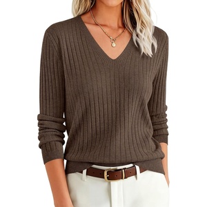 image:imageANRABESS Womens Long Sleeve V Neck Ribbed Sweaters Shirts  Slim Fit Tops Lightweight Soft Knit Pullover Business Casual Outfits Work Office AllDay Wear Fall Winter Layer ClothingBrown