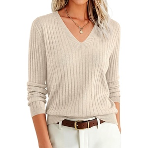 image:imageANRABESS Womens Long Sleeve V Neck Ribbed Sweaters Shirts  Slim Fit Tops Lightweight Soft Knit Pullover Business Casual Outfits Work Office AllDay Wear Fall Winter Layer ClothingLight Almond