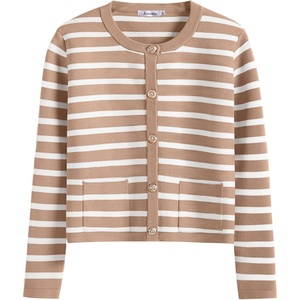 image:imageANRABESS Womens Button Down Cropped Cardigan Sweaters  StripedampSolidPocketsLadys Fall Jacket Slightly OversizeDressy Casual Cute Classic CoatTravelampHome Everyday WearApricot White Stripe