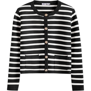 image:imageANRABESS Womens Button Down Cropped Cardigan Sweaters  StripedampSolidPocketsLadys Fall Jacket Slightly OversizeDressy Casual Cute Classic CoatTravelampHome Everyday WearBlack White Stripe