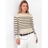 image:imageANRABESS Womens Long Sleeve Sweaters Cropped Crew Neck  Business Casual TopsLight Weight Comfy KnitPullover ShortSweaterBasic ClassicFall Fashion Winter Layer ClothesLight Parchment Black Stripe