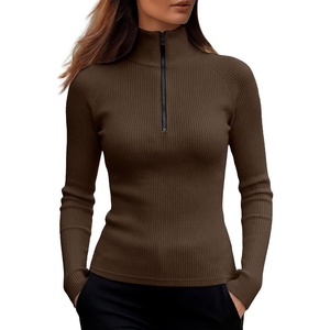 image:imageANRABESS Long Sleeve Shirts for Women Quarter Zip Ribbed Top  Slim Fitted Knit Mock Neck Tops Comfy Lightweight Basic Tees Casual Work amp Daily Going Out Fall Winter Layering TShirtBrown