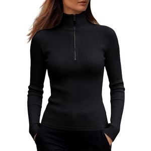 image:imageANRABESS Long Sleeve Shirts for Women Quarter Zip Ribbed Top  Slim Fitted Knit Mock Neck Tops Comfy Lightweight Basic Tees Casual Work amp Daily Going Out Fall Winter Layering TShirtBlack