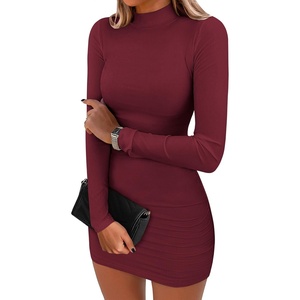 image:imageANRABESS Women Long Sleeve Mock Neck Bodycon Mini Dress 2026 Fall Ribbed Slim Fit Pencil Cocktail Club Night DressesDark Red