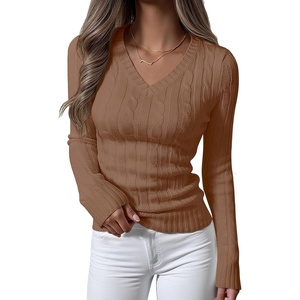 image:imageANRABESS Womens Cable Knit V Neck Fitted Sweaters  Long Sleeve Pullover Top Soft Cozy Business Casual Work amp Basic Daily Wear Fall Spring Outfits Winter Layer ClothingKhaki Tan