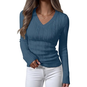 image:imageANRABESS Womens Cable Knit V Neck Fitted Sweaters  Long Sleeve Pullover Top Soft Cozy Business Casual Work amp Basic Daily Wear Fall Spring Outfits Winter Layer ClothingIndigo Blue