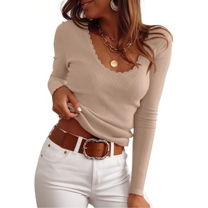 image:imageANRABESS Womens Long Sleeve Scalloped Scoop Neck Sweater  Soft Comfy Ribbed Knit TopCute Slim Fitted ShirtsWorkampEveryday WearWarm Layering ClothingFall Spring Casual OutfitsBright Tan