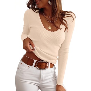image:imageANRABESS Womens Long Sleeve Scalloped Scoop Neck Sweater  Soft Comfy Ribbed Knit TopCute Slim Fitted ShirtsWorkampEveryday WearWarm Layering ClothingFall Spring Casual OutfitsParchment