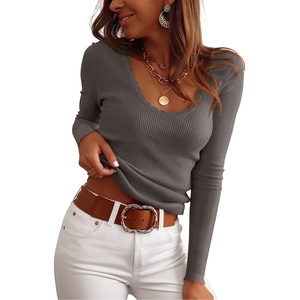 image:imageANRABESS Womens Long Sleeve Scalloped Scoop Neck Sweater  Soft Comfy Ribbed Knit TopCute Slim Fitted ShirtsWorkampEveryday WearWarm Layering ClothingFall Spring Casual OutfitsGrey Khaki