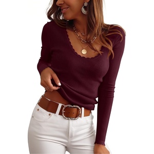 image:imageANRABESS Womens Long Sleeve Scalloped Scoop Neck Sweater  Soft Comfy Ribbed Knit TopCute Slim Fitted ShirtsWorkampEveryday WearWarm Layering ClothingFall Spring Casual OutfitsWine Red