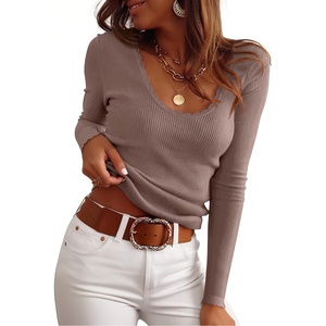 image:imageANRABESS Womens Long Sleeve Scalloped Scoop Neck Sweater  Soft Comfy Ribbed Knit TopCute Slim Fitted ShirtsWorkampEveryday WearWarm Layering ClothingFall Spring Casual OutfitsNutmeg