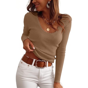 image:imageANRABESS Womens Long Sleeve Scalloped Scoop Neck Sweater  Soft Comfy Ribbed Knit TopCute Slim Fitted ShirtsWorkampEveryday WearWarm Layering ClothingFall Spring Casual OutfitsLight Camel