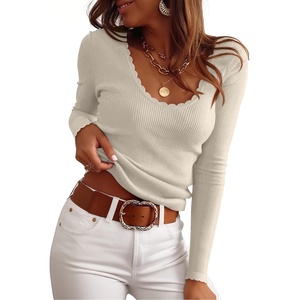image:imageANRABESS Womens Long Sleeve Scalloped Scoop Neck Sweater  Soft Comfy Ribbed Knit TopCute Slim Fitted ShirtsWorkampEveryday WearWarm Layering ClothingFall Spring Casual OutfitsBeige