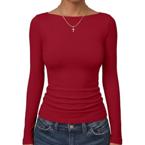 image:imageANRABESS Womens Long Sleeve Shirts Boat Neck Double Lined Top  Basic Slim Fitted Tshirts Stretchy Soft BreathableFall Winter Layer Clothing Going Out Casual Outfits Travel Everyday WearRed