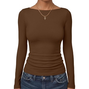 image:imageANRABESS Womens Long Sleeve Shirts Boat Neck Double Lined Top  Basic Slim Fitted Tshirts Stretchy Soft BreathableFall Winter Layer Clothing Going Out Casual Outfits Travel Everyday WearBrown