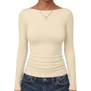 image:imageANRABESS Womens Long Sleeve Shirts Boat Neck Double Lined Top  Basic Slim Fitted Tshirts Stretchy Soft BreathableFall Winter Layer Clothing Going Out Casual Outfits Travel Everyday WearBeige