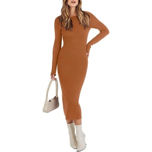 image:imageANRABESS Womens Long Sleeve Sweater Dress 2025 Fall Crewneck Bodycon Stretch Ribbed Knit Slim Fit Midi Dresses Trendy Outfits Rust Large