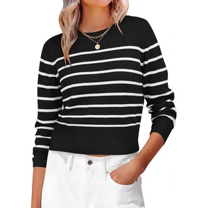 image:imageANRABESS Womens Long Sleeve Sweaters Cropped Crew Neck  Business Casual TopsLight Weight Comfy KnitPullover ShortSweaterBasic ClassicFall Fashion Winter Layer ClothesBlack White Stripe