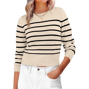 image:imageANRABESS Womens Long Sleeve Sweaters Cropped Crew Neck  Business Casual TopsLight Weight Comfy KnitPullover ShortSweaterBasic ClassicFall Fashion Winter Layer ClothesLight Parchment Black Stripe