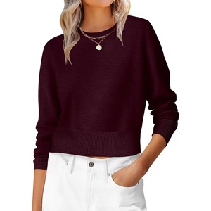 image:imageANRABESS Womens Long Sleeve Sweaters Cropped Crew Neck  Business Casual TopsLight Weight Comfy KnitPullover ShortSweaterBasic ClassicFall Fashion Winter Layer ClothesDark Red